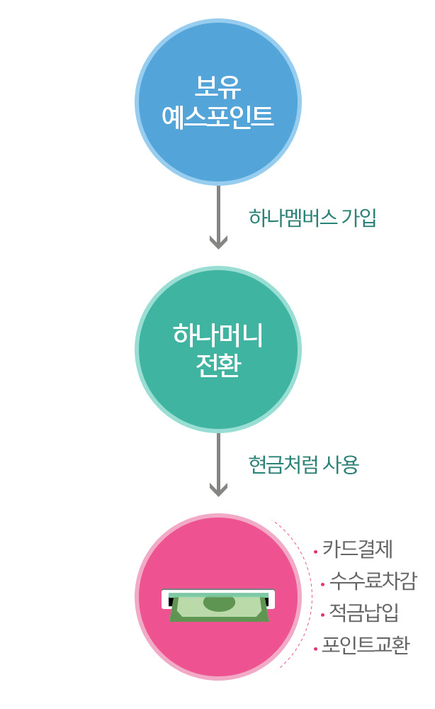 보유예스포인트→하나멤버스 가입→하나머니전환→카드결제수수료차감 적금납입포인트교환